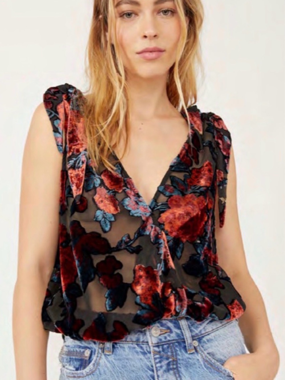 Free people Velvet Floral V-Neck Sleeveless Top - Black with Red & Blue Floral